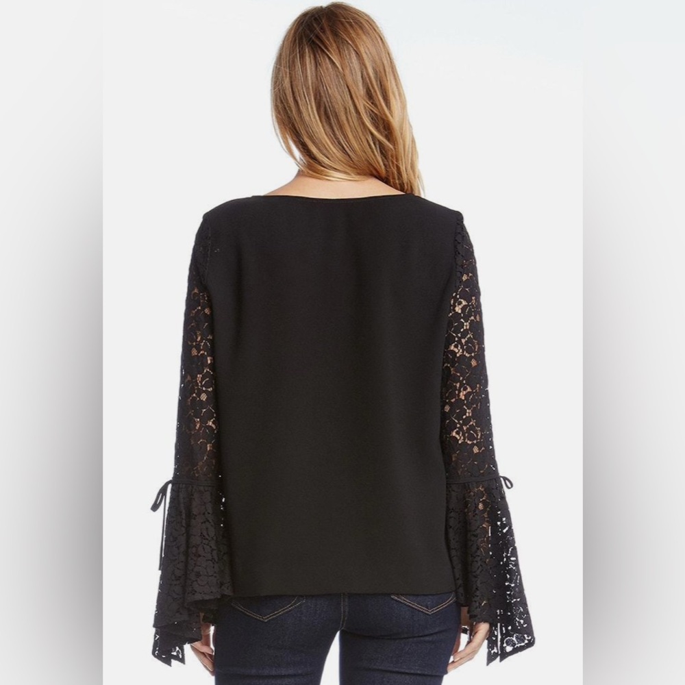 Karen Kane Black Tie Lace Bell Sleeve Crepe Top - Picture 2 of 11